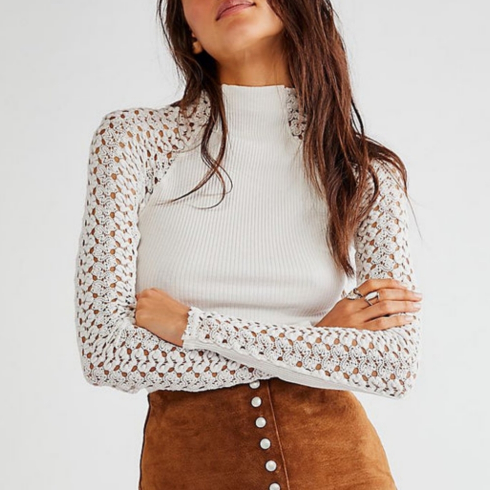 Free People Clemente White Mock Neck Ribbed Crochet Lace Long Sleeve Top